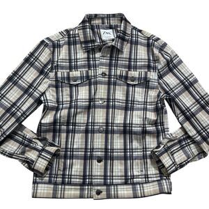 Zara Mens Sz Large Plaid Stretch Trucker Style Jacket Tan Gray Button Casual EUC